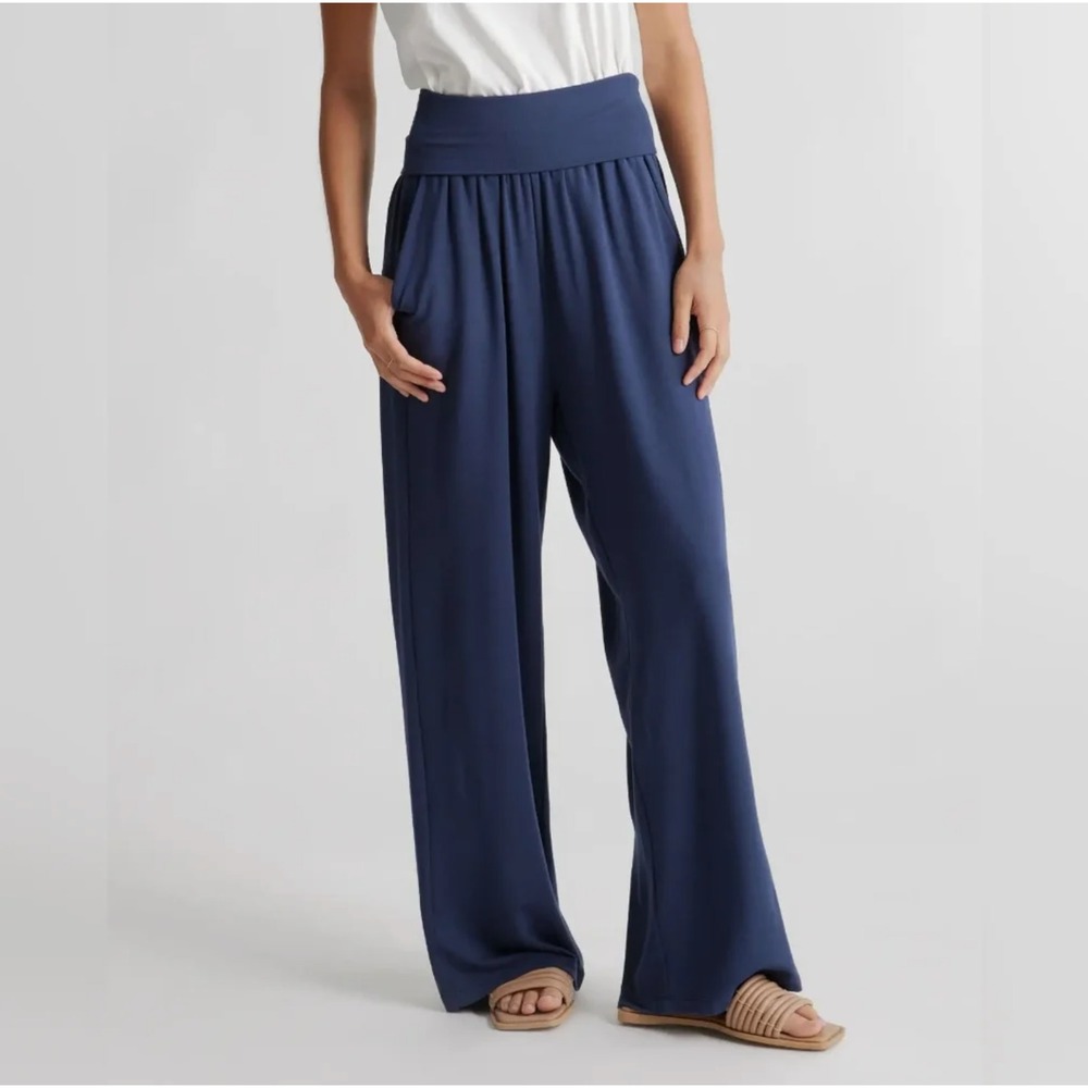 Quince Womens French Terry Modal Wide Leg Foldover Pant Size S Navy Leisure